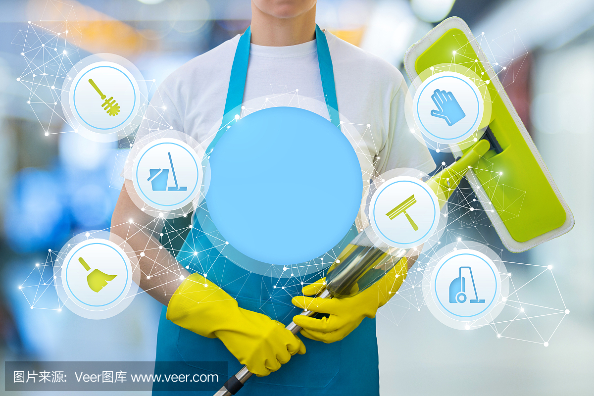 帶有清潔服務圖標的清潔工。